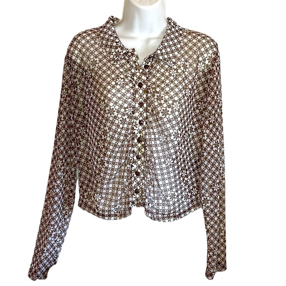 Womens sheer brown and white long sleeve button down collared crop top 90s